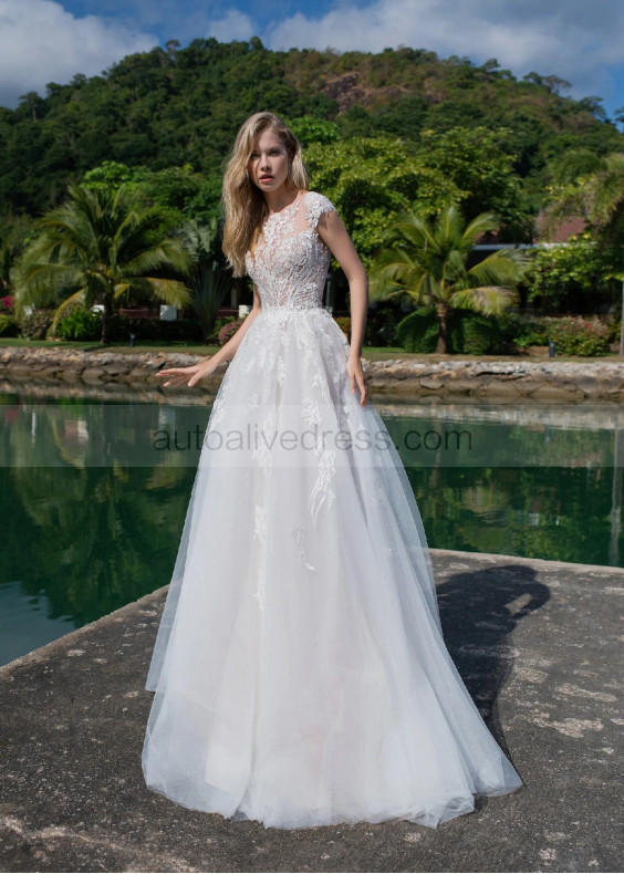 Cap Sleeves Ivory Lace Glitter Tulle Adorable Wedding Dress